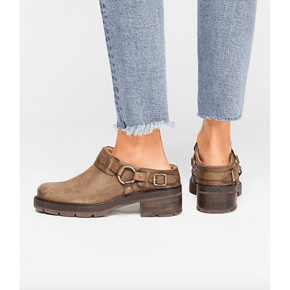 Free People Cedar Clog Taupe Suede Harness Mule Platform Lug Sole 37